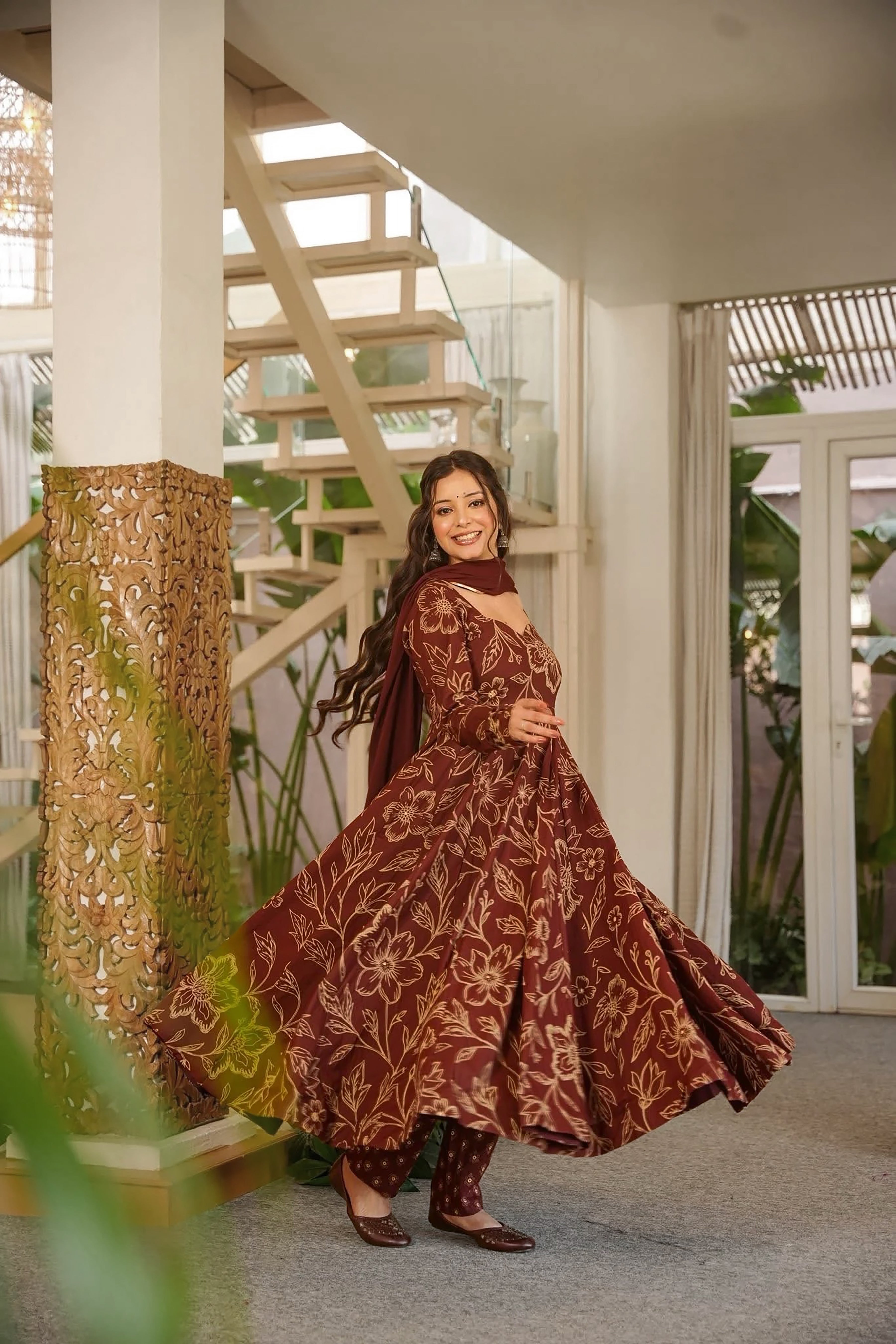 Women's Brown Floral Printed Anarkali Kurta Set with Dupatta | Elegant Ethnic Wear
