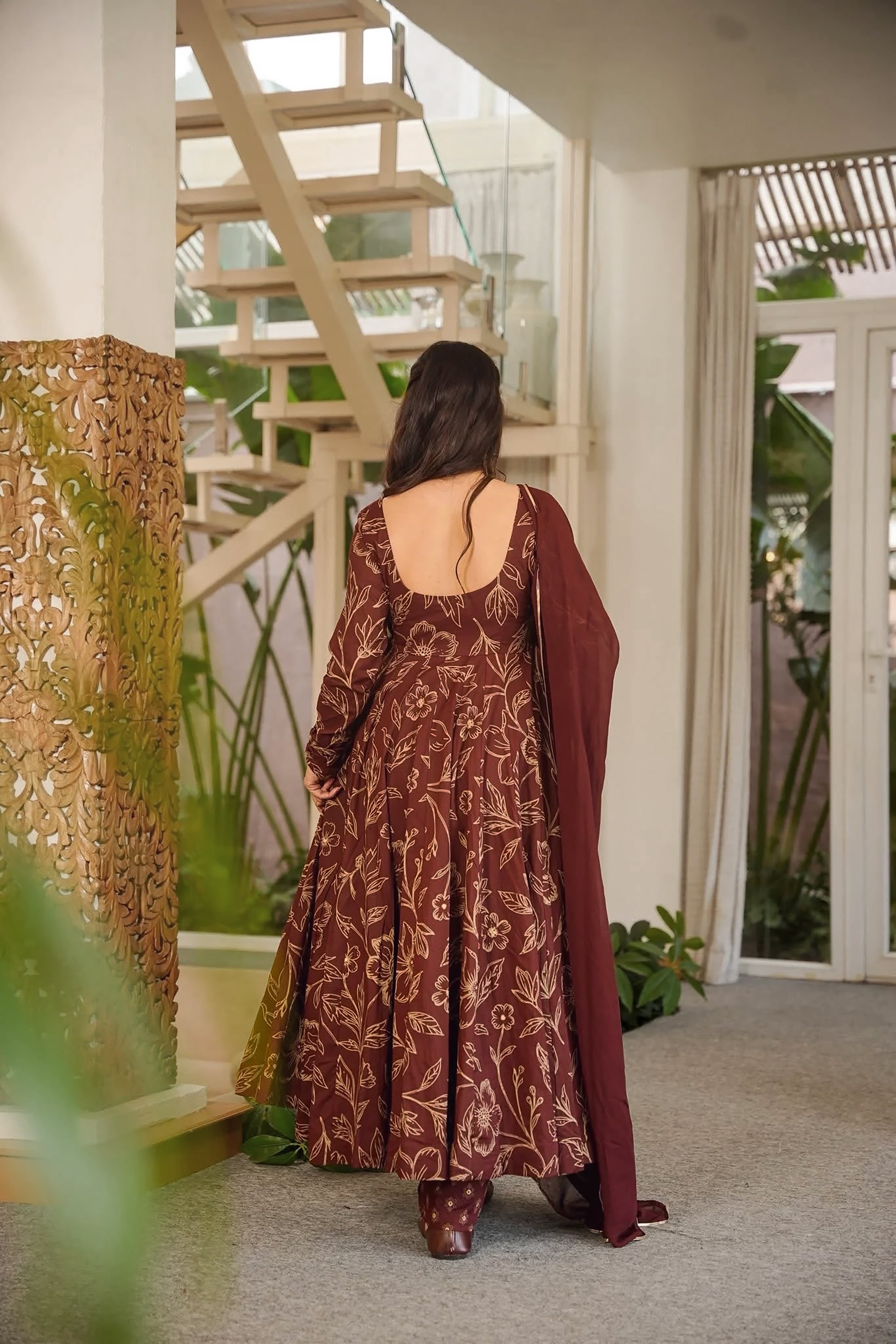 Women's Brown Floral Printed Anarkali Kurta Set with Dupatta | Elegant Ethnic Wear