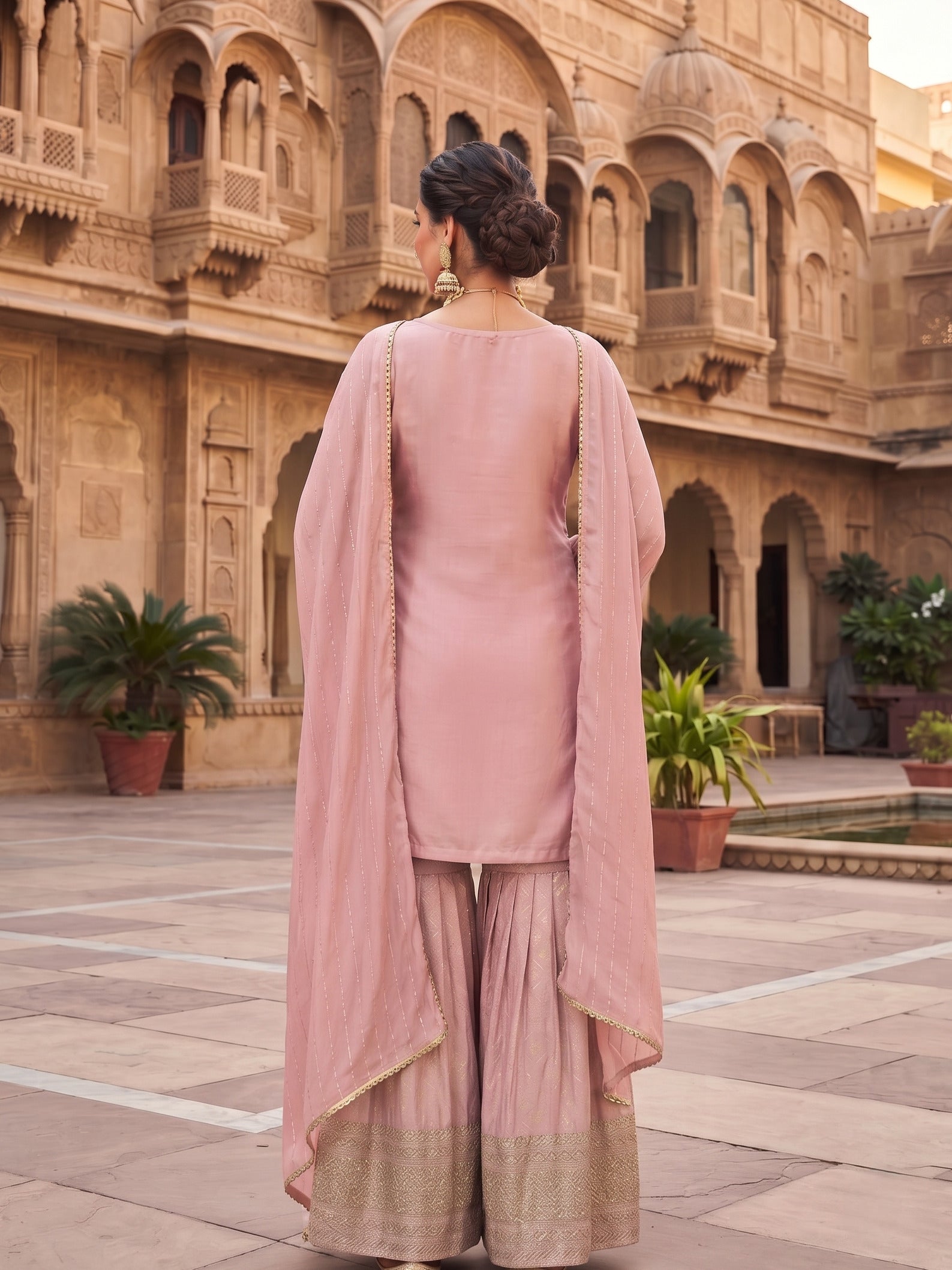 Pink Viscose Embroidered Palazzo Suit Set with Silk Dupatta