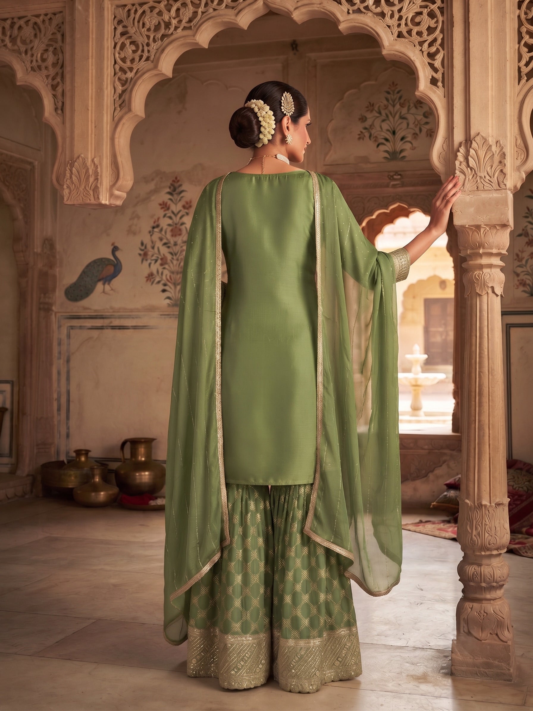 Green Viscose Embroidered Palazzo Suit Set with Silk Dupatta