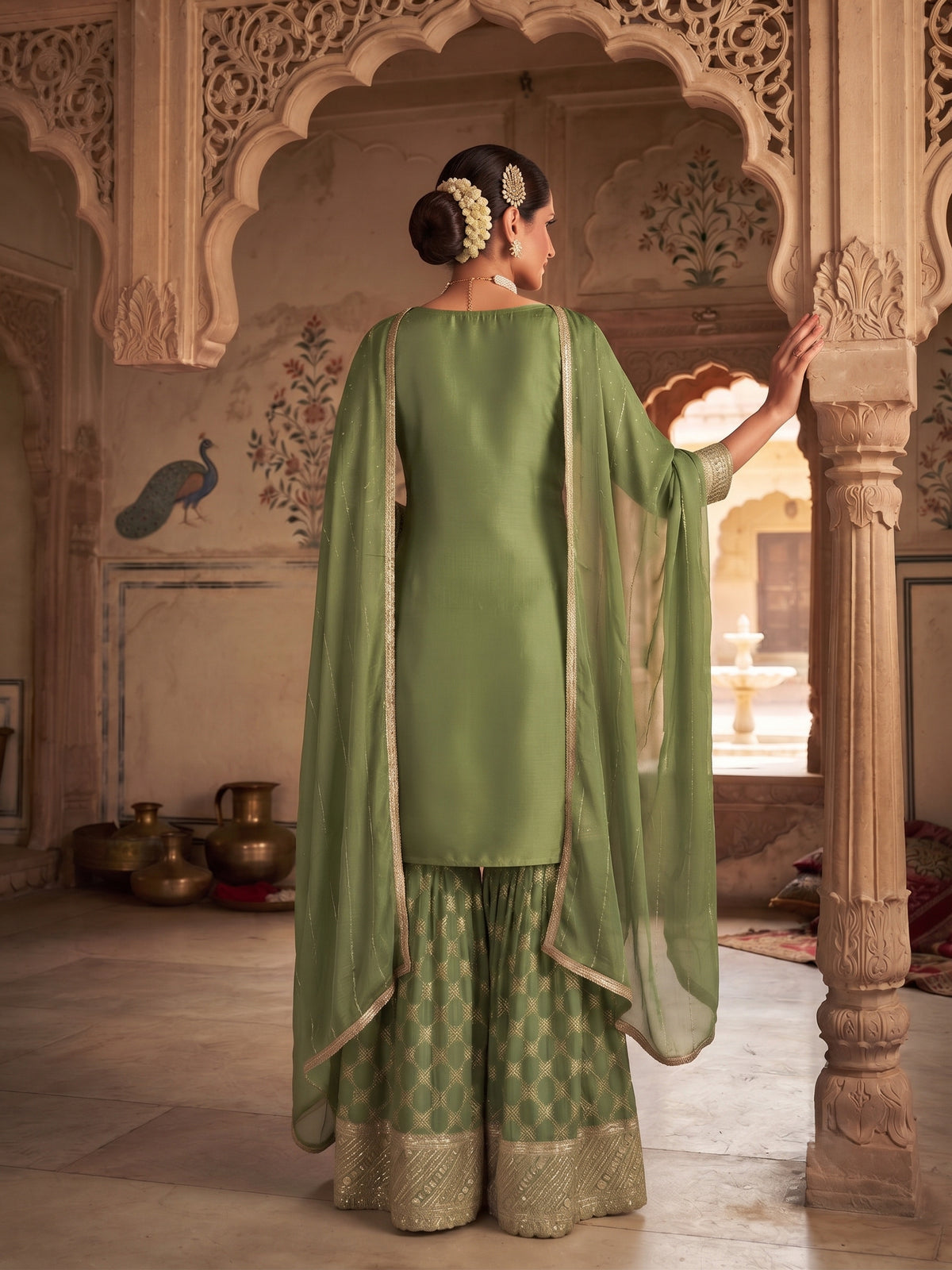 Green Viscose Embroidered Palazzo Suit Set with Silk Dupatta, photo 2