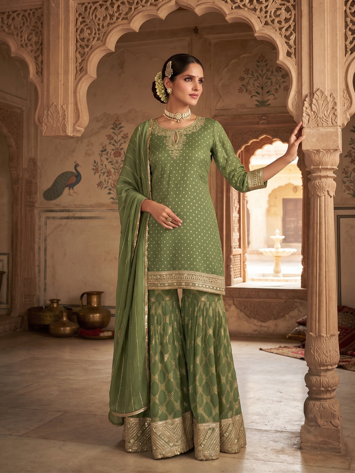 Green Viscose Embroidered Palazzo Suit Set with Silk Dupatta