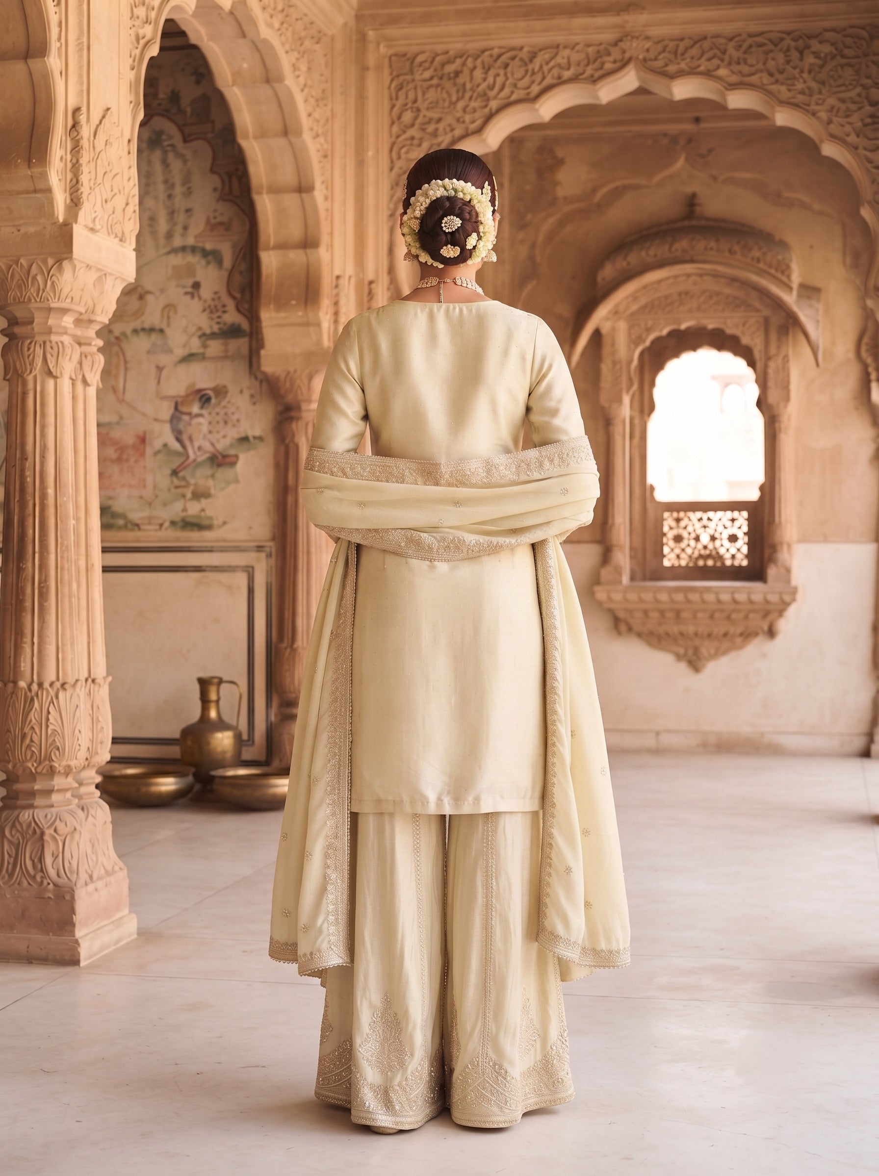 Off-White Viscose Embroidered Palazzo Suit Set with Silk Dupatta