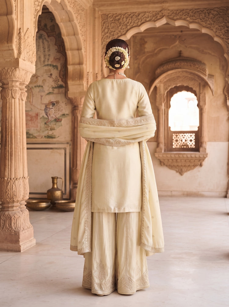 Off-White Viscose Embroidered Palazzo Suit Set with Silk Dupatta, photo 2