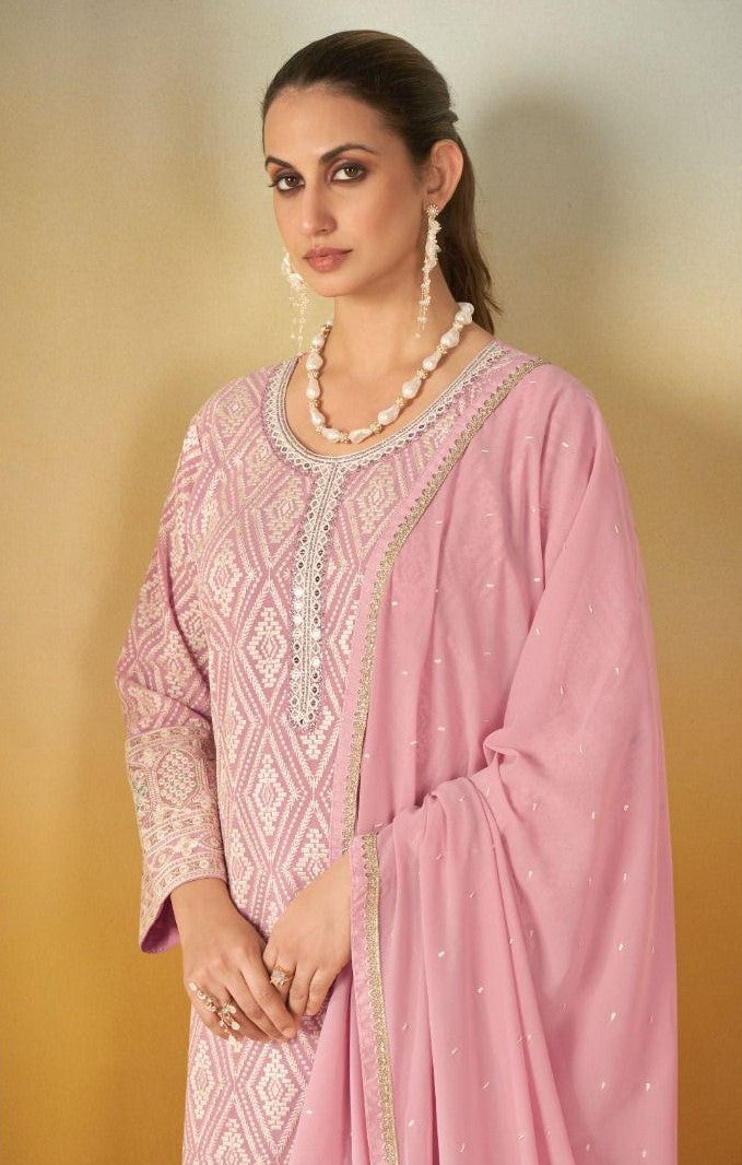 Pink Viscose Embroidered Palazzo Suit Set with Silk Dupatta