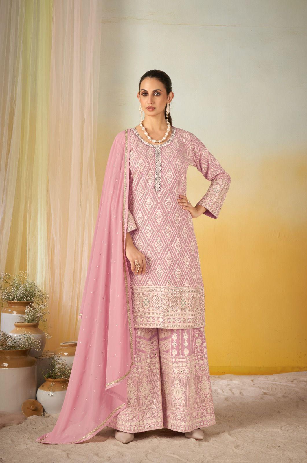 Pink Viscose Embroidered Palazzo Suit Set with Silk Dupatta