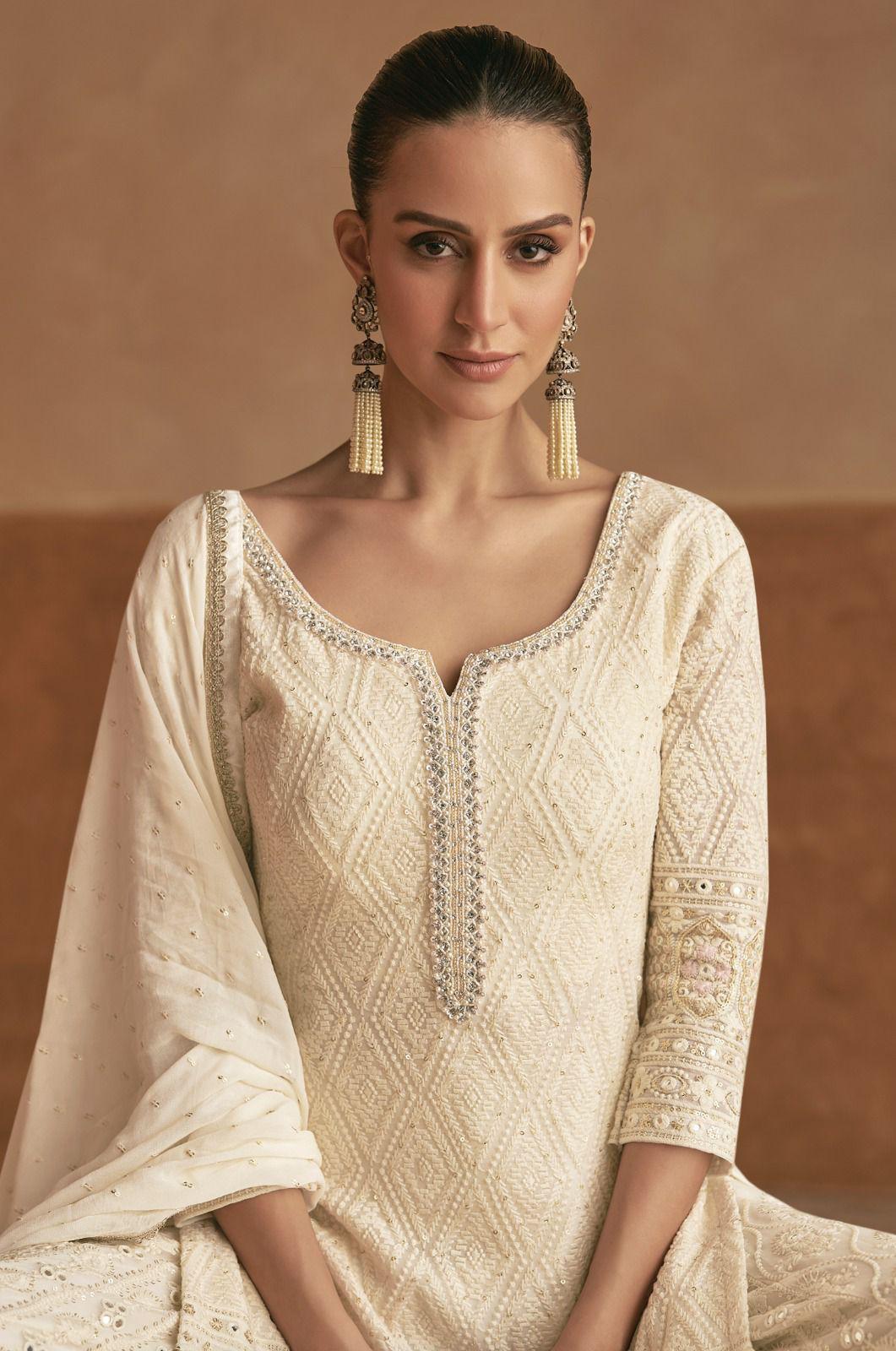 Off-White Viscose Embroidered Palazzo Suit Set with Silk Dupatta