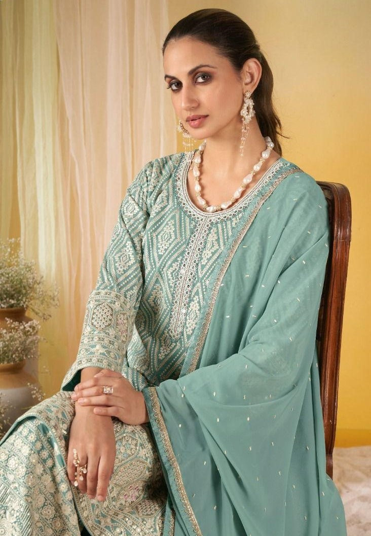 Sky Blue Viscose Embroidered Palazzo Suit Set with Silk Dupatta