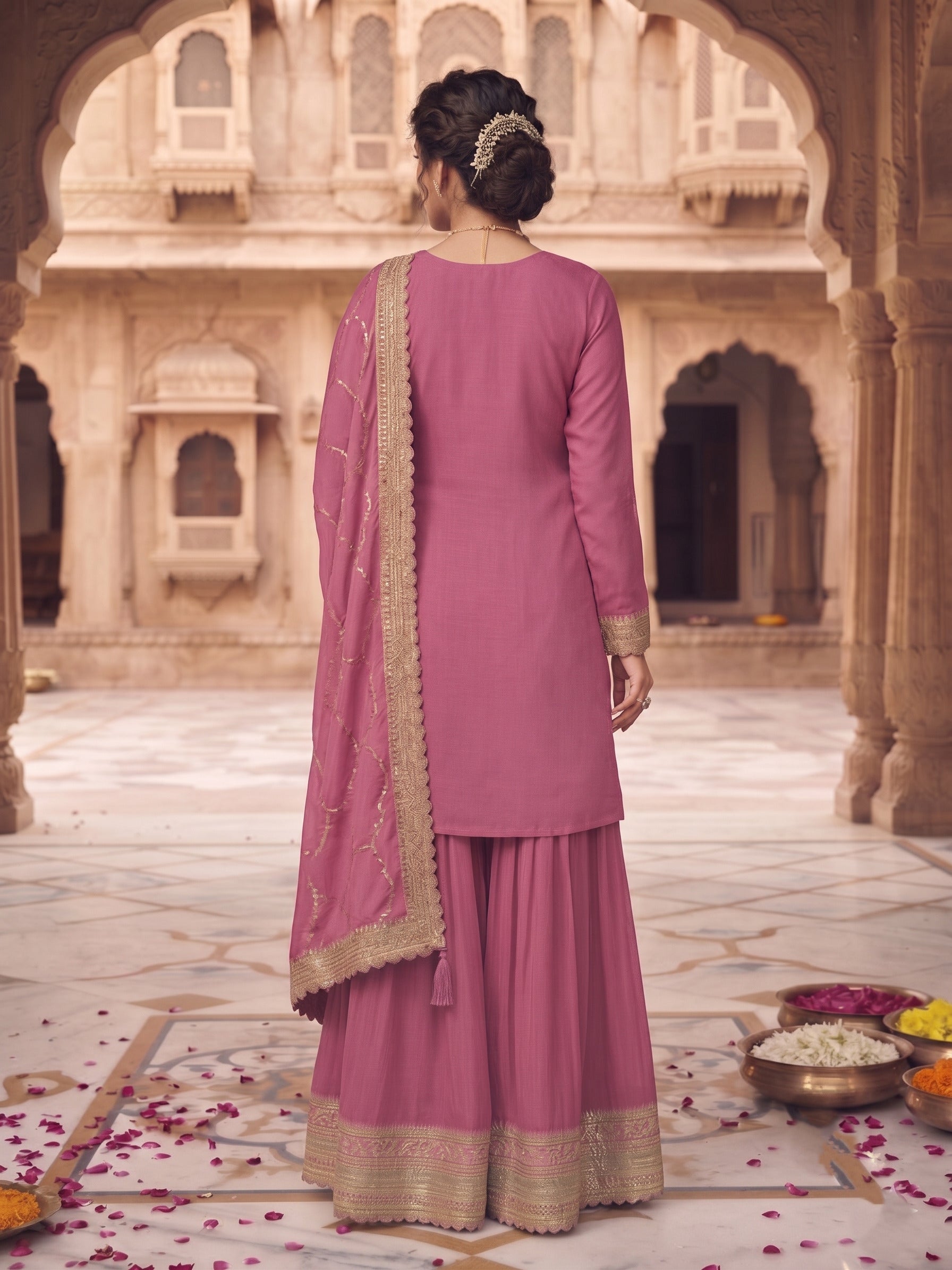 Purple Chinon Embroidered Palazzo Suit Set with Dupatta