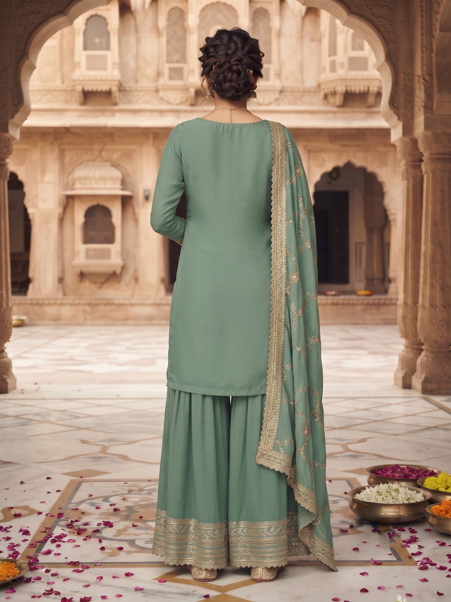 Blue Chinon Embroidered Palazzo Suit Set with Dupatta