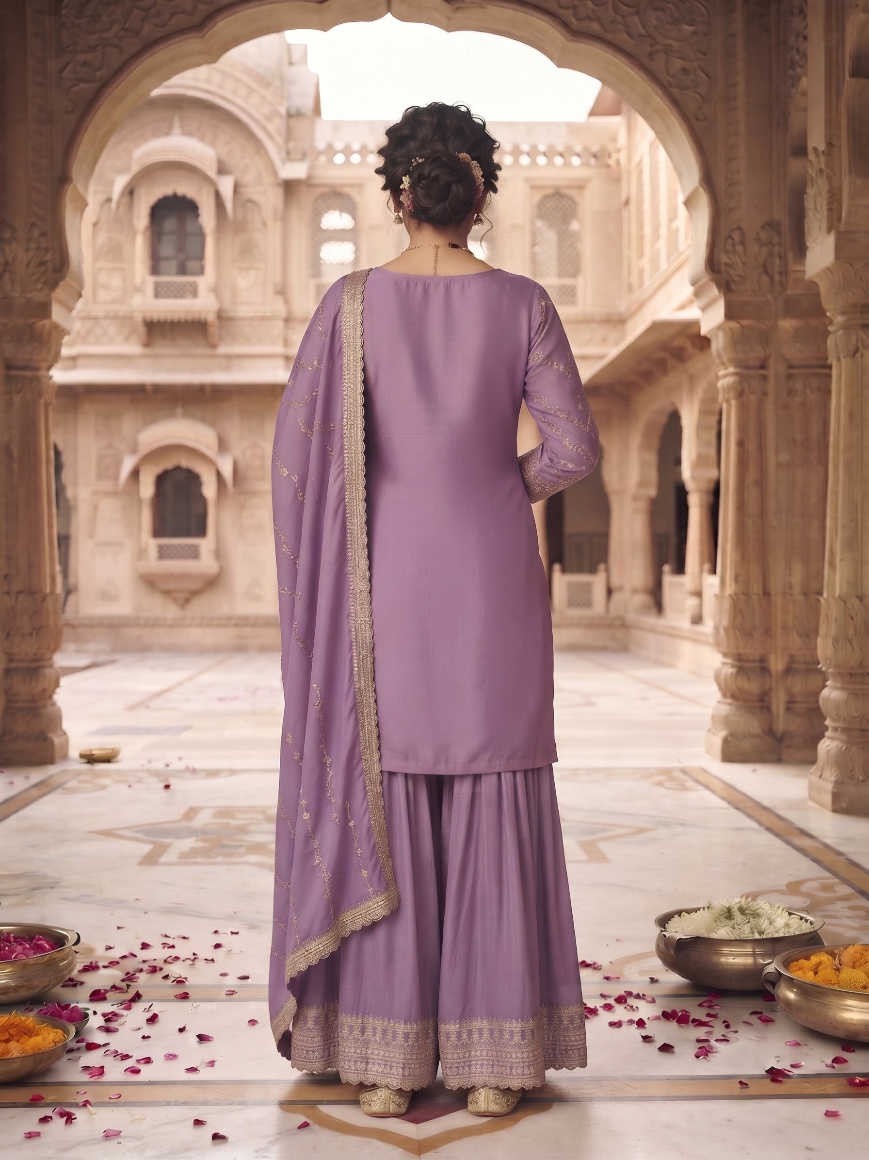 Lavender Chinon Embroidered Palazzo Suit Set with Dupatta