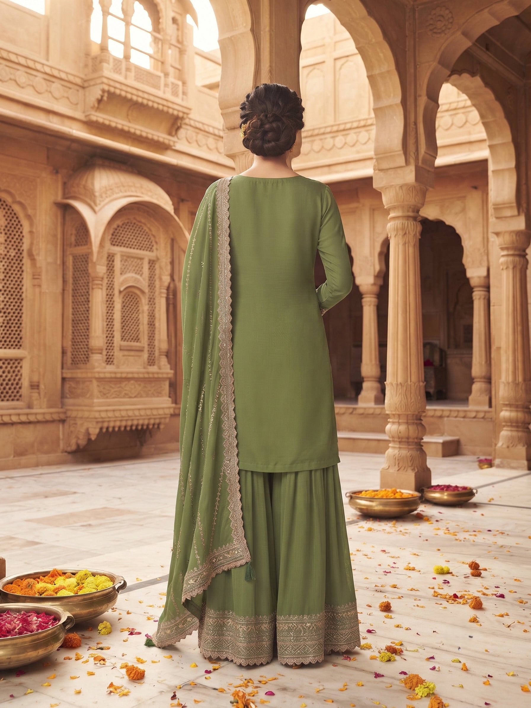Lavender Chinon Embroidered Palazzo Suit Set with Dupatta