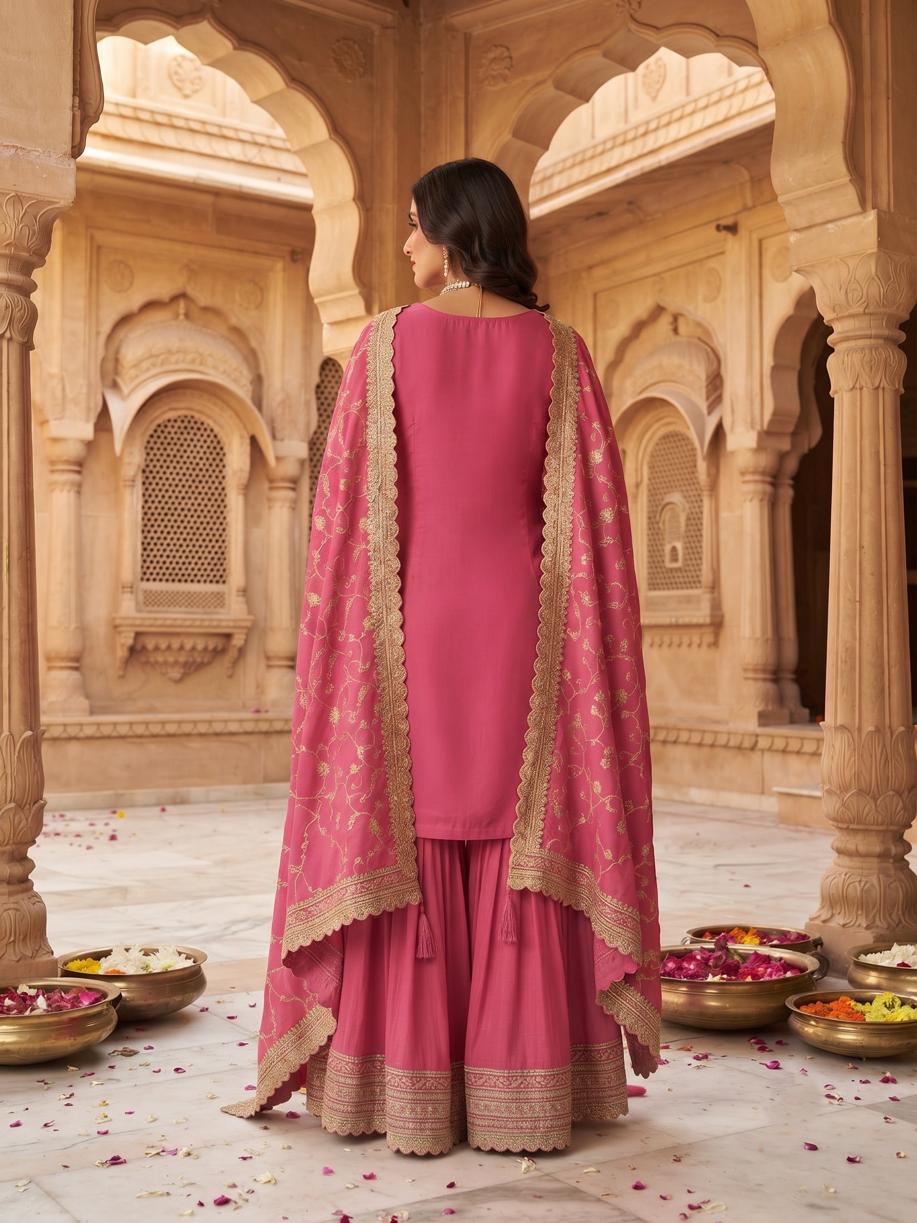 Pink Chinon Embroidered Palazzo Suit Set with Dupatta