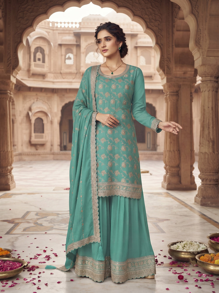 Firozi Chinon Embroidered Palazzo Suit Set with Dupatta