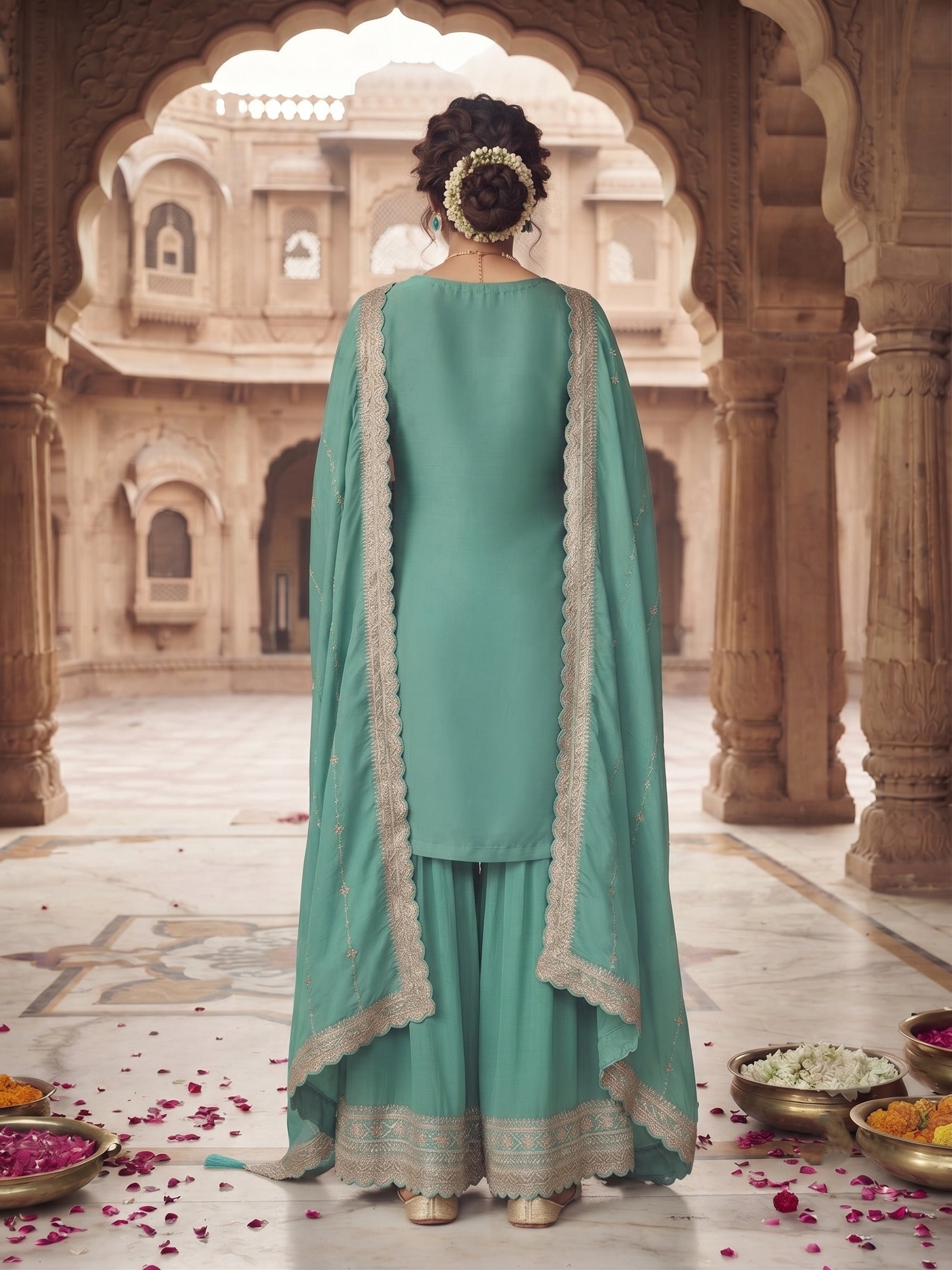 Firozi Chinon Embroidered Palazzo Suit Set with Dupatta