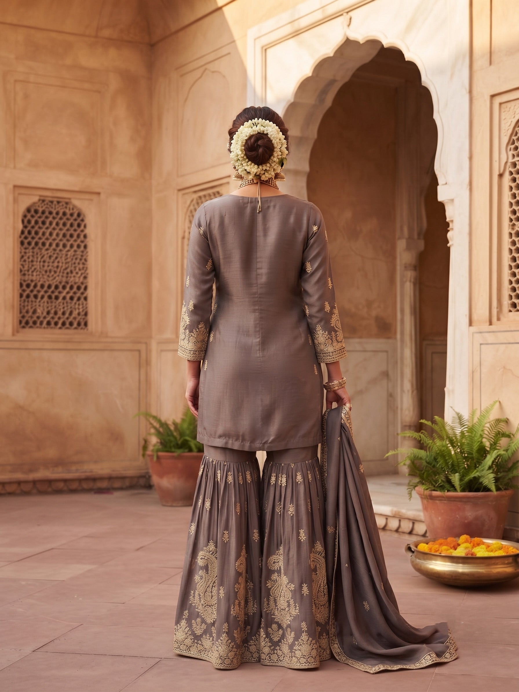 Grey Chinon Embroidered Sharara Suit Set with Dupatta