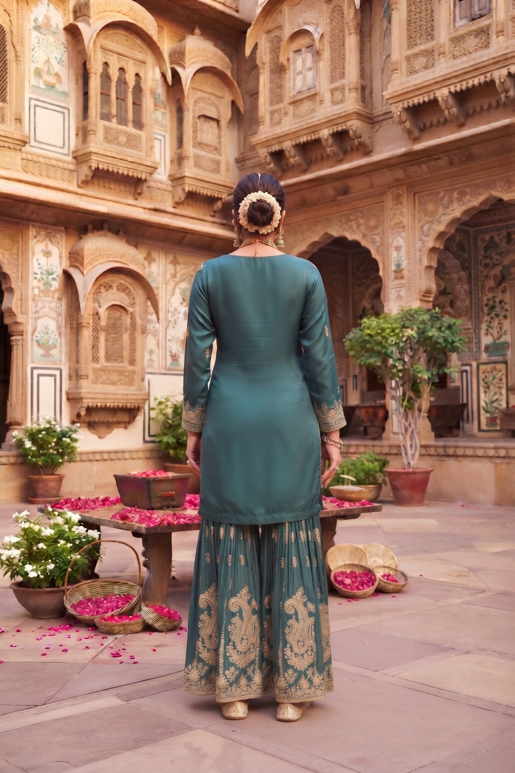 Rama Chinon Embroidered Sharara Suit Set with Dupatta
