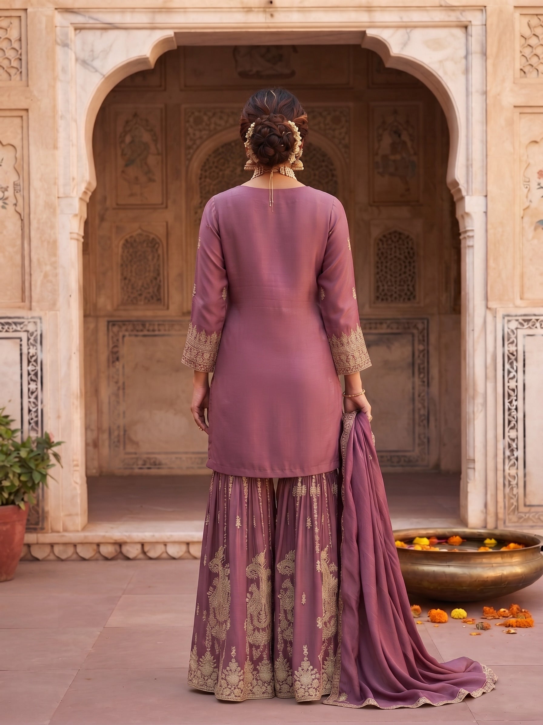 Pink Chinon Embroidered Sharara Suit Set with Dupatta