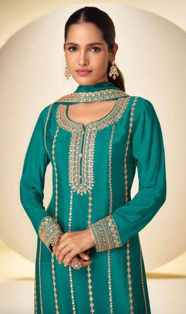 Designer Teal Chinon Embroidered Palazzo Suit with Matching Dupatta