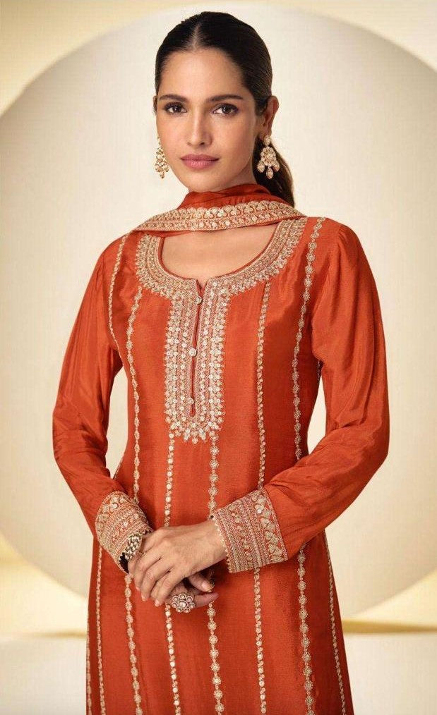 Designer Orange Chinon Embroidered Palazzo Suit with Matching Dupatta