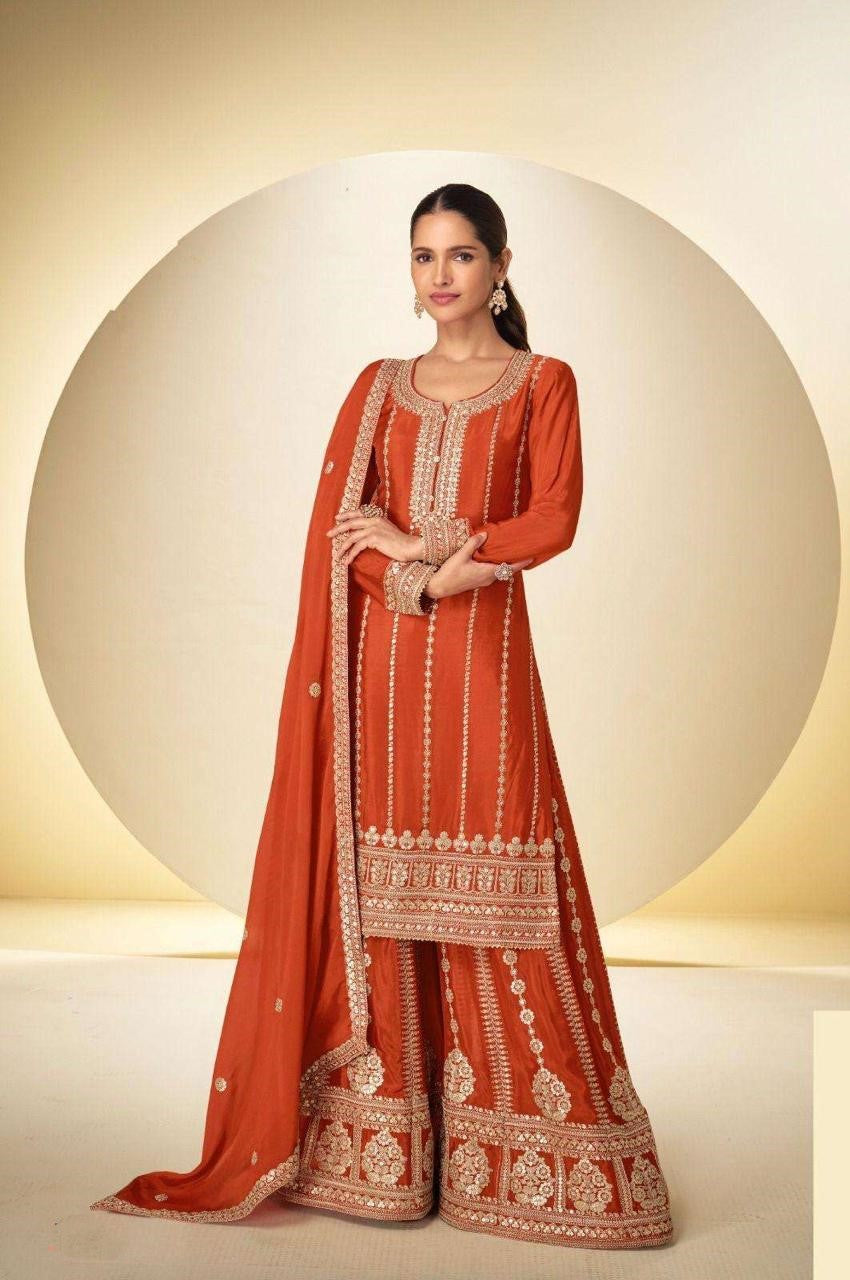 Designer Orange Chinon Embroidered Palazzo Suit with Matching Dupatta