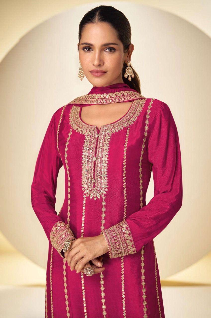 Designer Pink Chinon Embroidered Palazzo Suit with Matching Dupatta