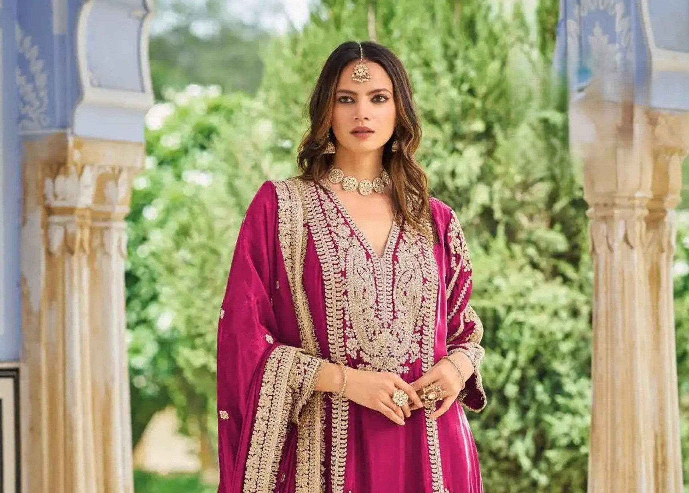 Magenta Heavy Embroidered Chinon Palazzo Suit with Dupatta