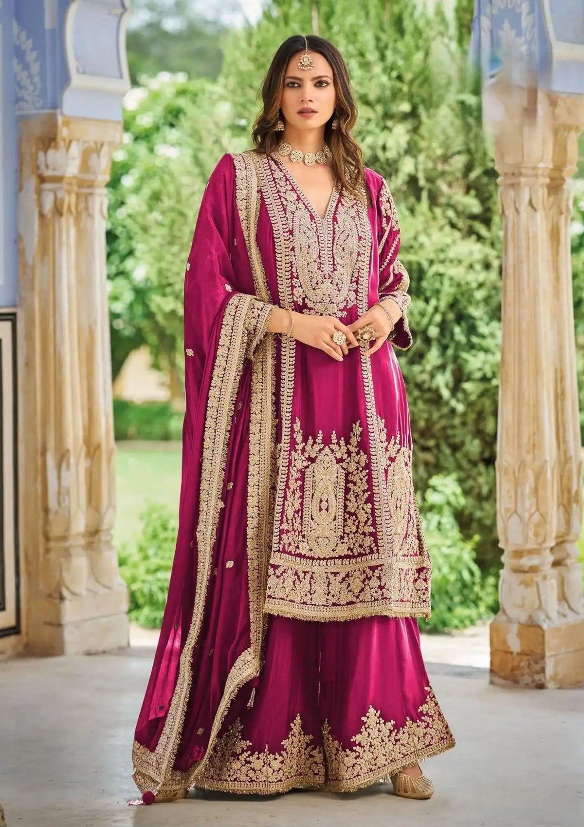 Magenta Heavy Embroidered Chinon Palazzo Suit with Dupatta
