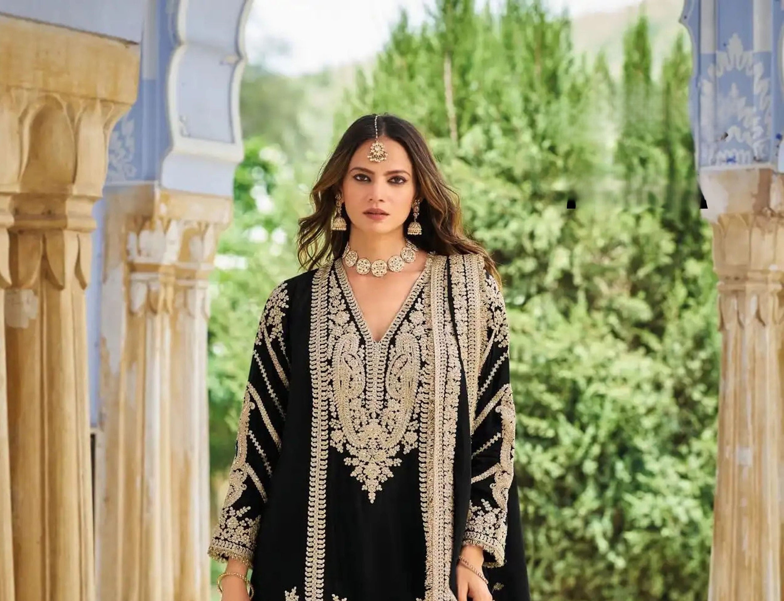 Black Heavy Embroidered Chinon Palazzo Suit with Dupatta
