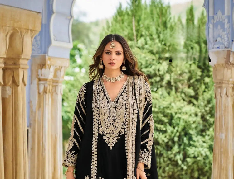 Black Heavy Embroidered Chinon Palazzo Suit with Dupatta, photo 2