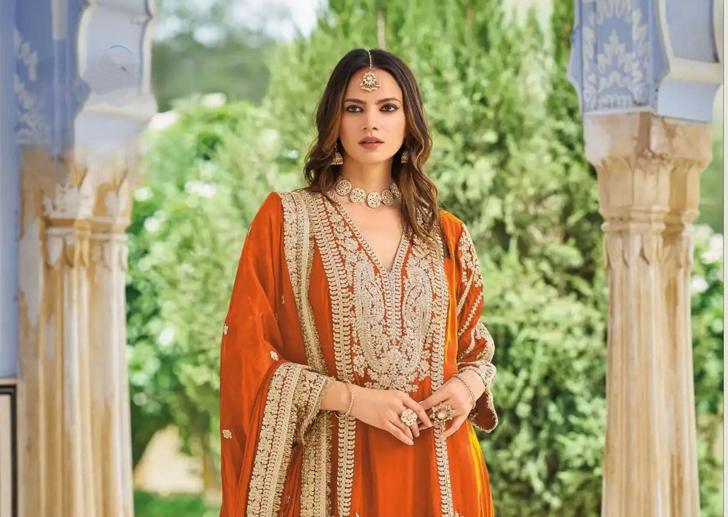 Orange Heavy Embroidered Chinon Palazzo Suit with Dupatta