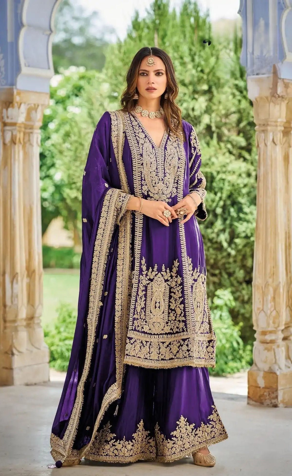 Blue Heavy Embroidered Chinon Palazzo Suit with Dupatta