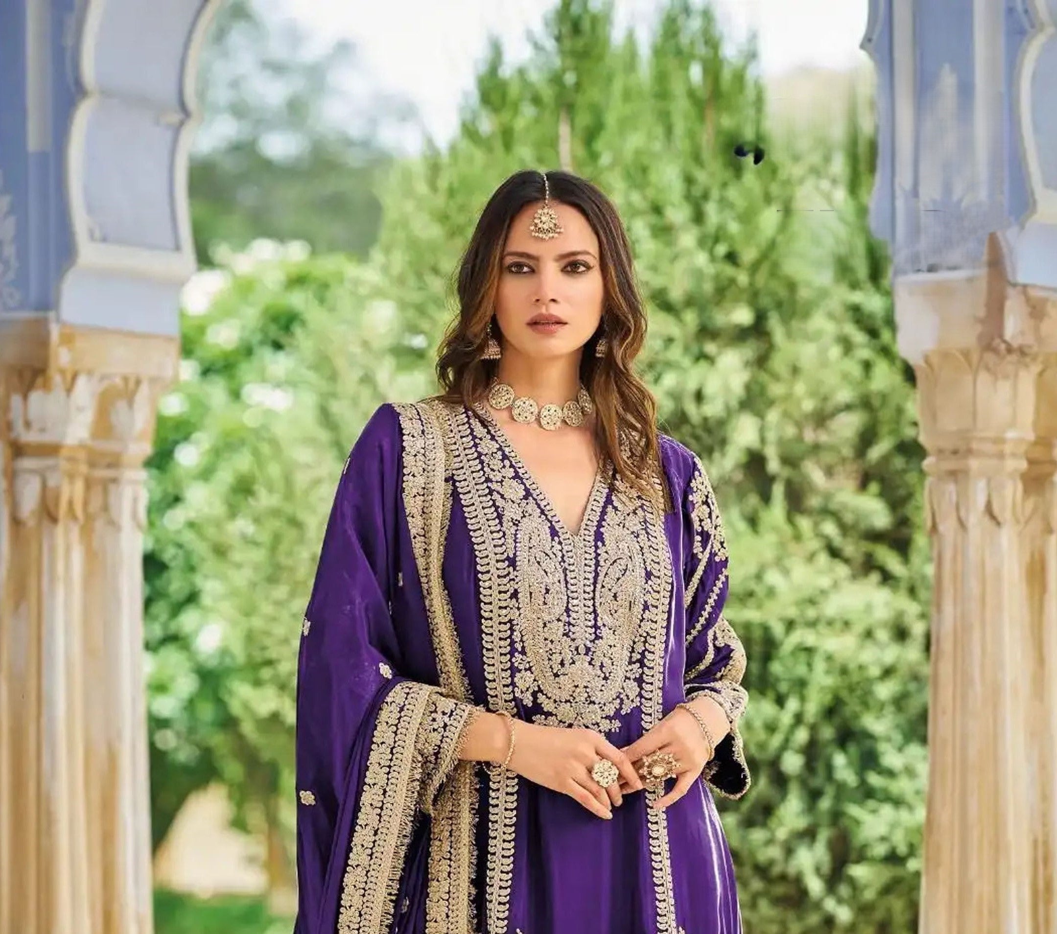 Blue Heavy Embroidered Chinon Palazzo Suit with Dupatta