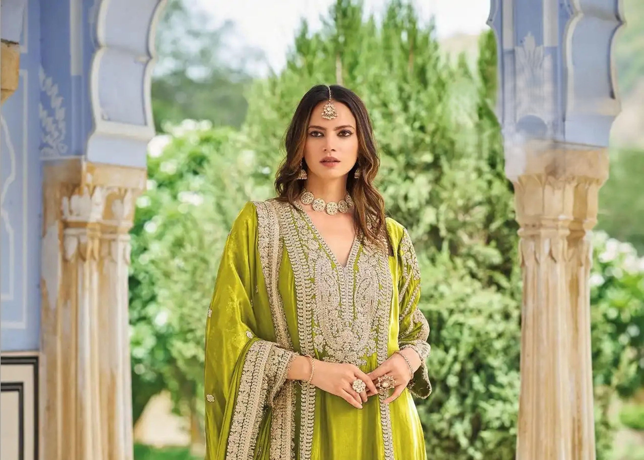 Green Heavy Embroidered Chinon Palazzo Suit with Dupatta