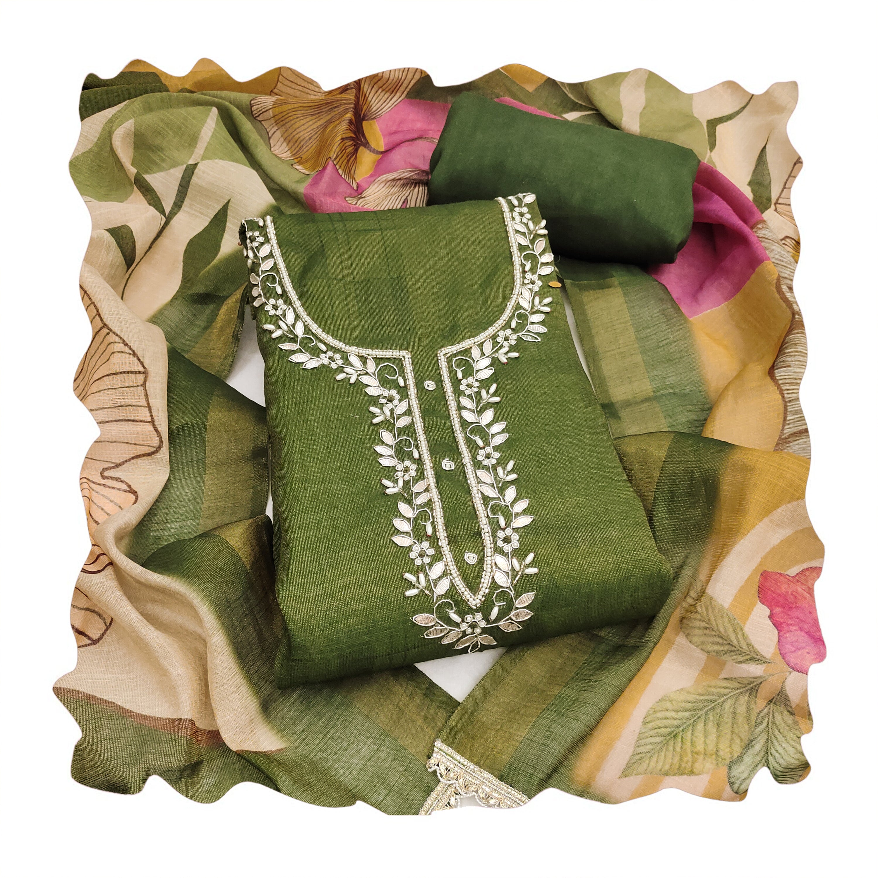 Mahendi Cotton Linen Simmer Printed Suit Set with Hand Work Dupatta
