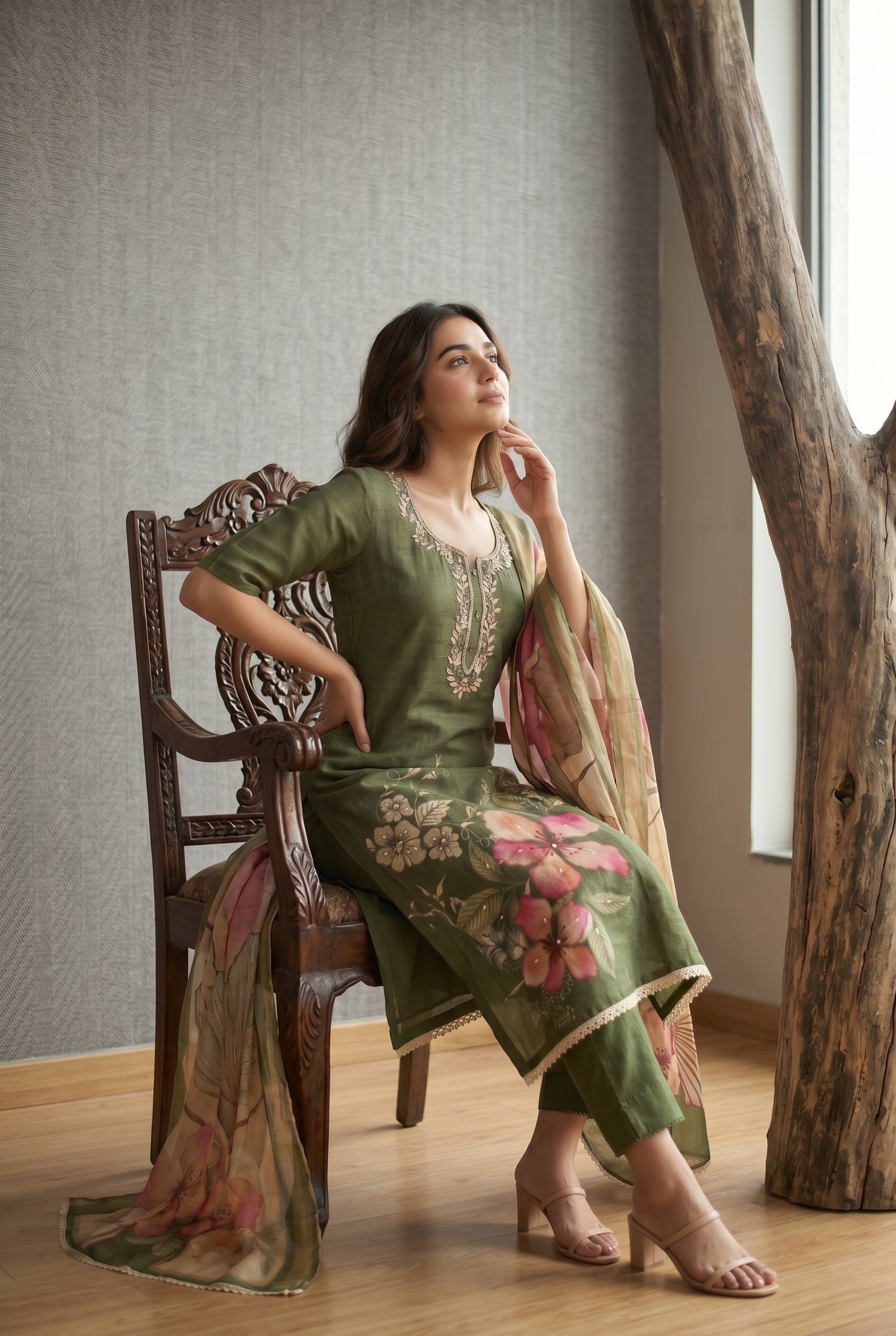 Mahendi Cotton Linen Simmer Printed Suit Set with Hand Work Dupatta