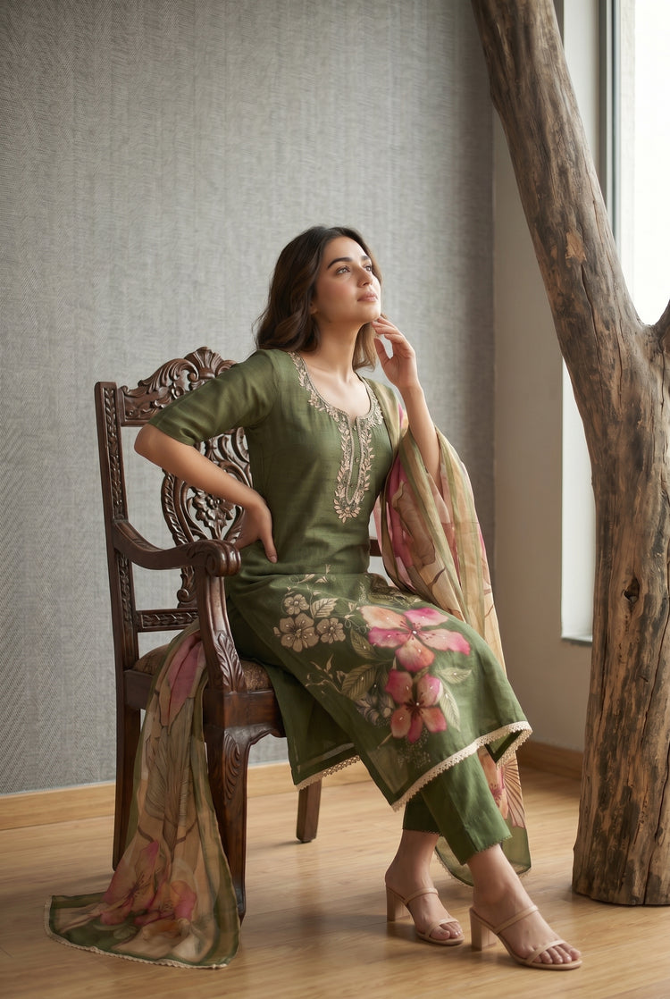 Mahendi Cotton Linen Simmer Printed Suit Set with Hand Work Dupatta, photo 2