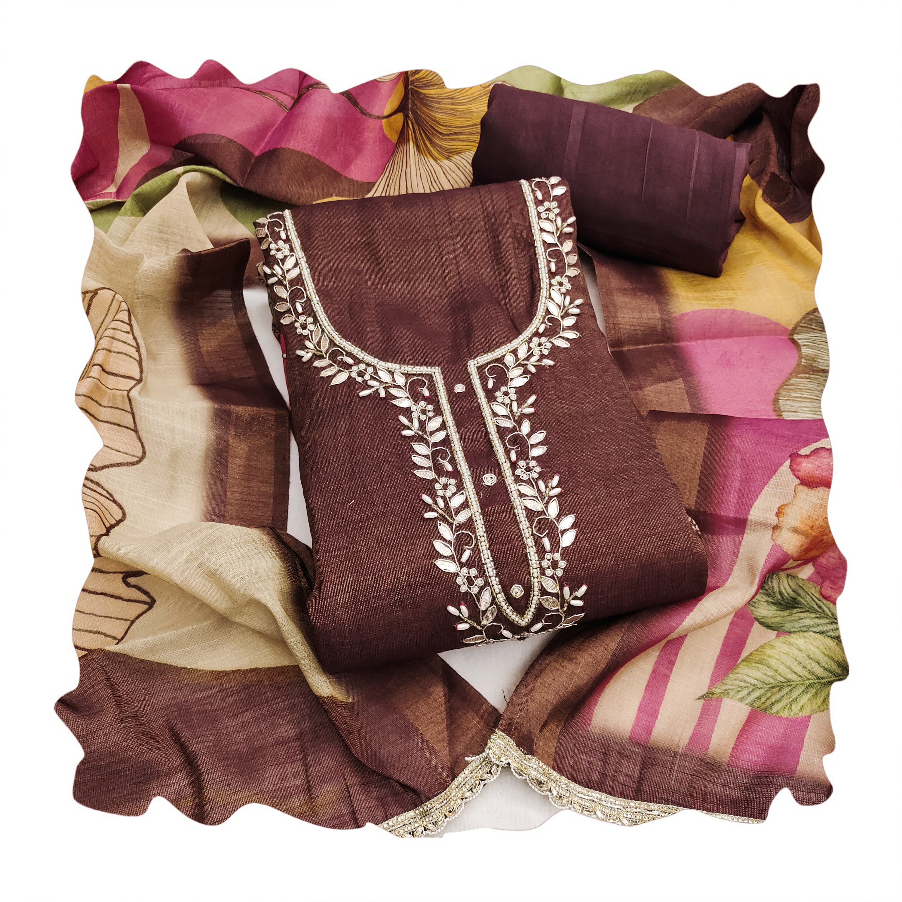 Brown Cotton Linen Simmer Printed Suit Set with Hand Work Dupatta