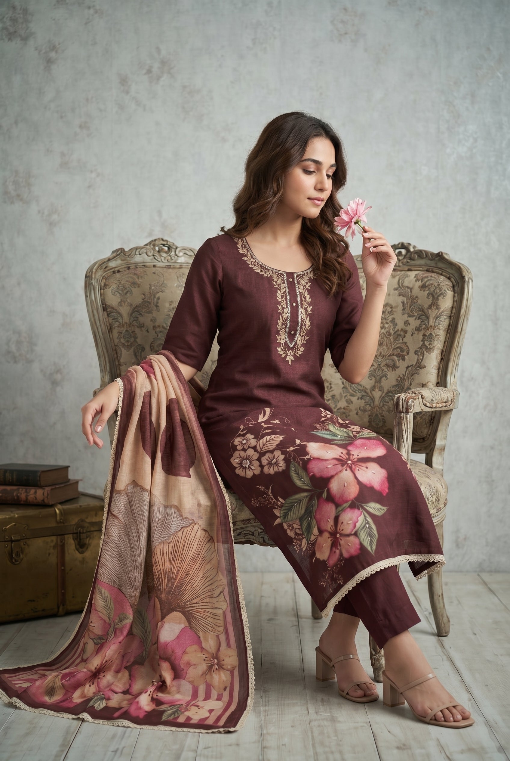 Brown Cotton Linen Simmer Printed Suit Set with Hand Work Dupatta