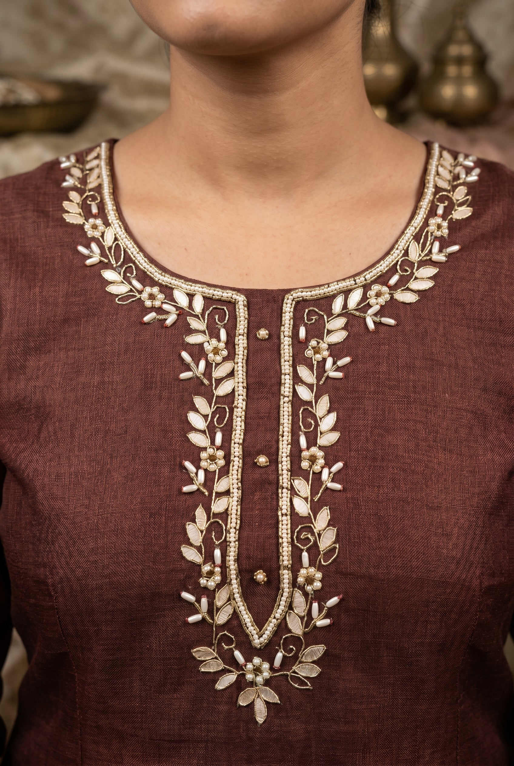 Brown Cotton Linen Simmer Printed Suit Set with Hand Work Dupatta