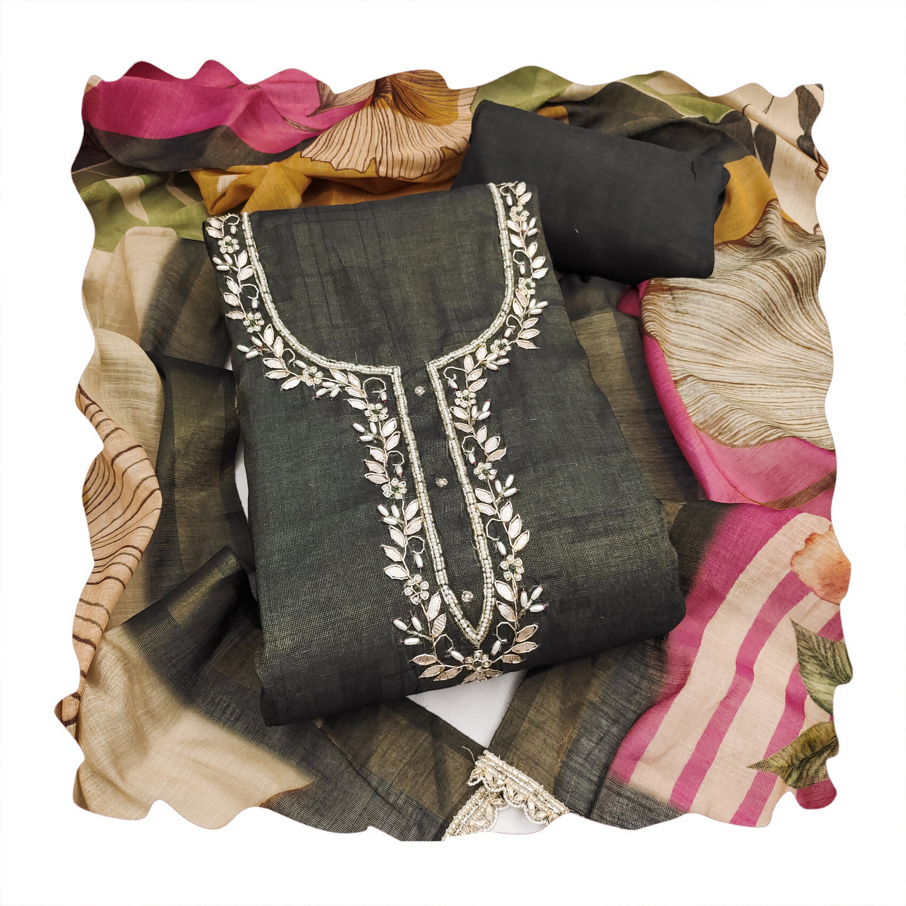 Black Cotton Linen Simmer Printed Suit Set with Hand Work Dupatta