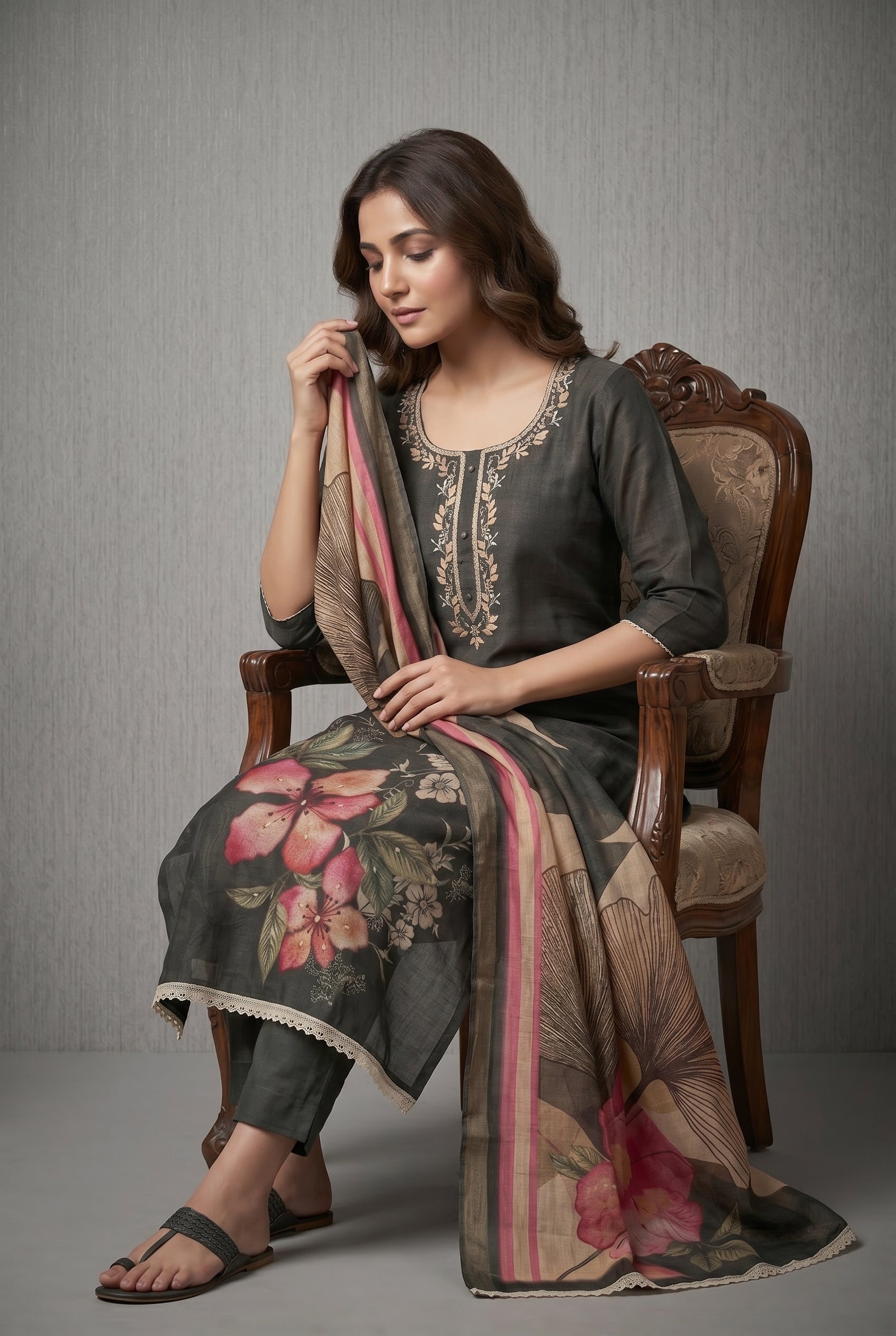 Black Cotton Linen Simmer Printed Suit Set with Hand Work Dupatta