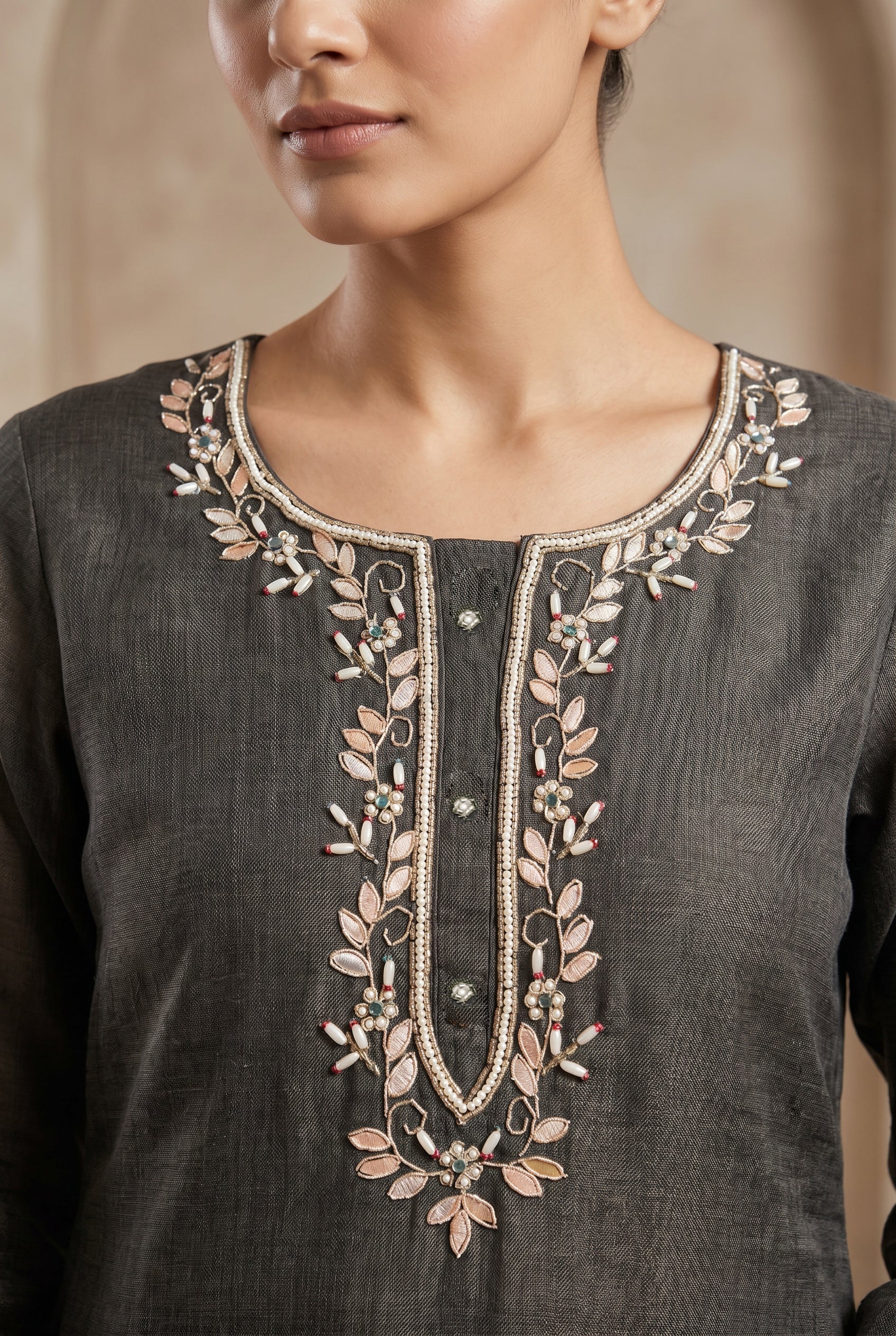 Black Cotton Linen Simmer Printed Suit Set with Hand Work Dupatta