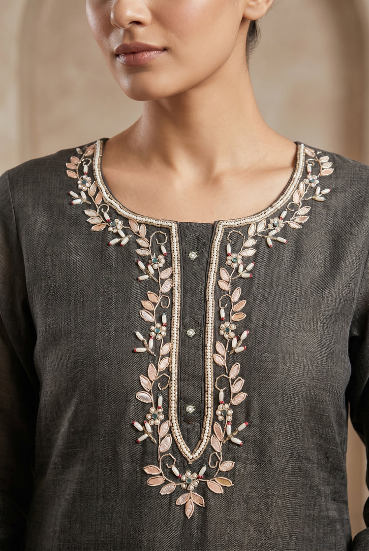 Black Cotton Linen Simmer Printed Suit Set with Hand Work Dupatta, photo 3