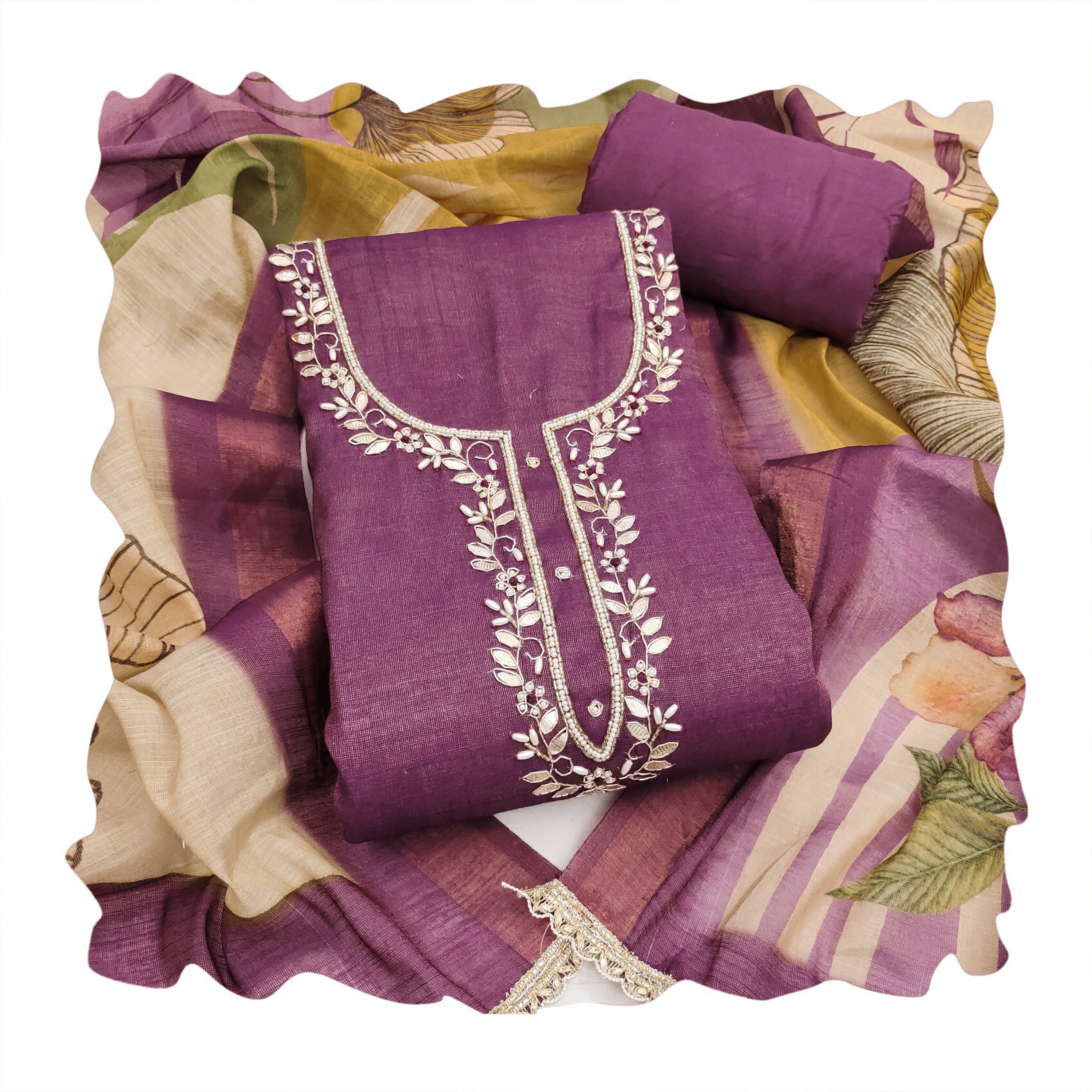 Purple Cotton Linen Simmer Printed Suit Set with Hand Work Dupatta