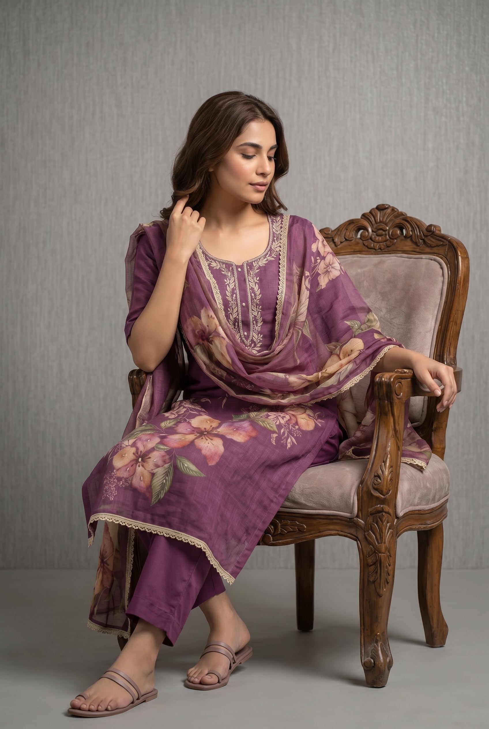 Purple Cotton Linen Simmer Printed Suit Set with Hand Work Dupatta