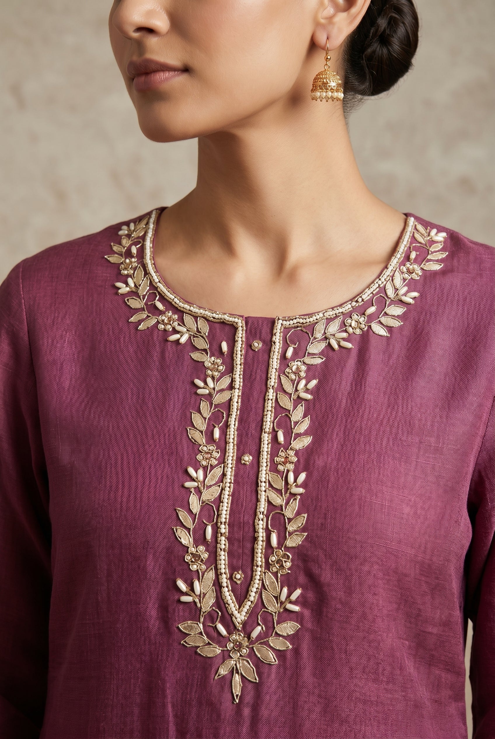 Purple Cotton Linen Simmer Printed Suit Set with Hand Work Dupatta