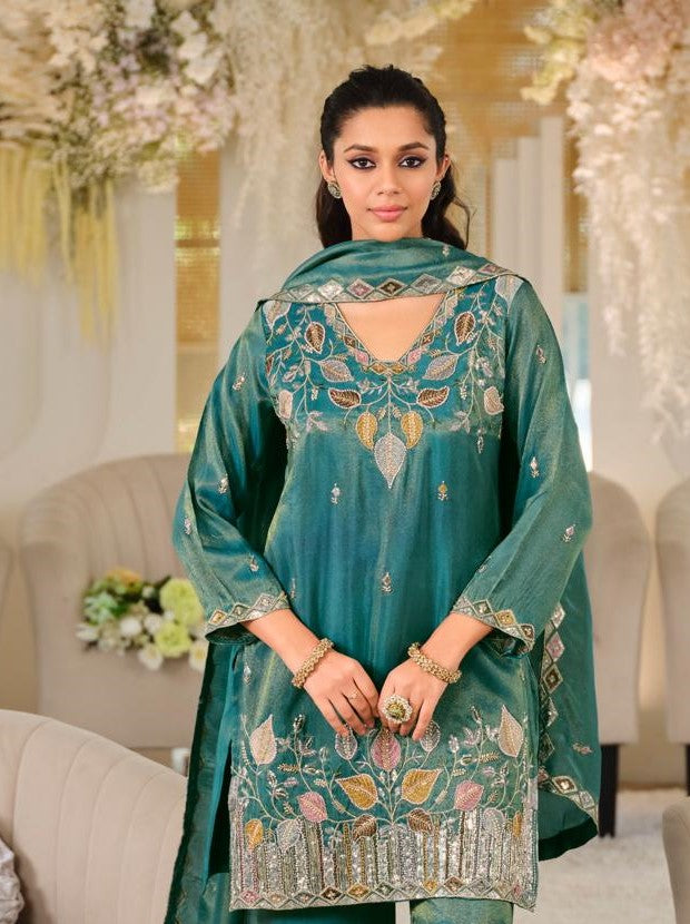 Teal Roman Silk Embroidered Palazzo Suit Set
