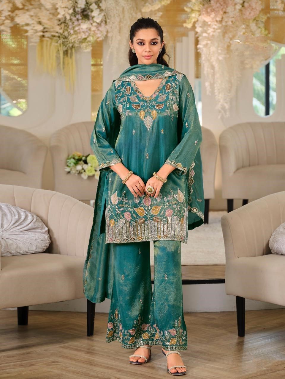 Teal Roman Silk Embroidered Palazzo Suit Set