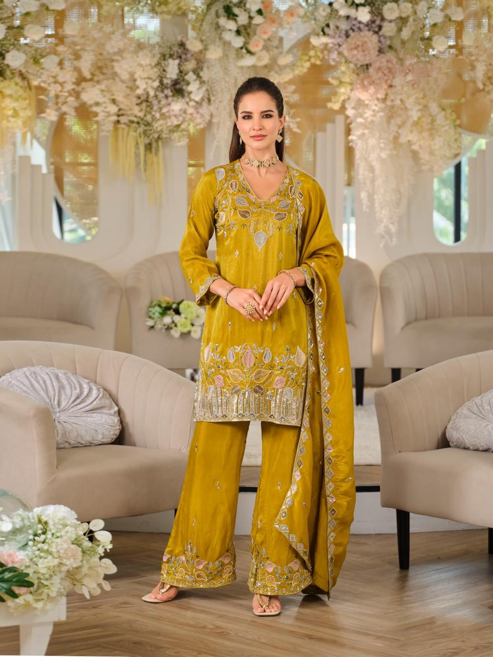 Yellow Roman Silk Embroidered Palazzo Suit Set